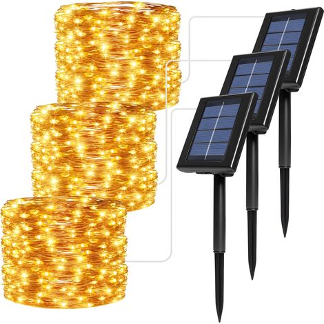 Soagrc Lot de 3 guirlandes lumineuses solaires d'extérieur - 3 x 20 m - 600 LED - Étanche IP65 - 8 modes - Guirlande lumineuse solaire pour jardin, balcon, terrasse, arbre, blanc chaud (1/5)