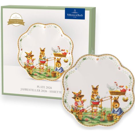 Annual Easter Edition assiette 2026 colorée, assiette de Pâques en porcelaine avec des notes dorées, décoration Pâques, collection édition limitée (1/5)