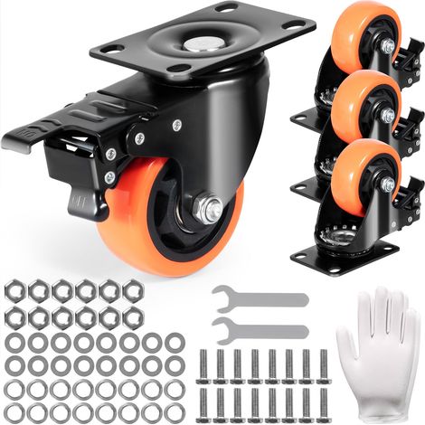 Roulettes Pivotantes Lot de 4 Roulettes pour Meubles Industrielles 76,2 mm Roues Silencieuses en PVC avec Frein à Verrouillage A/B Capacité de Charge 113 kg par Roulette pour Chariots Établis (1/5)
