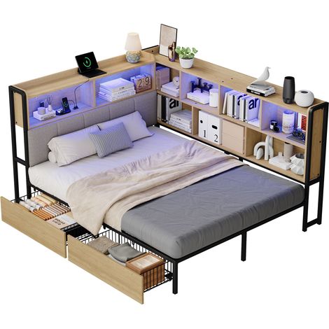 Lettino da giorno in MDF e metallo nei colori naturale e grigio, 140x200 cm, con contenitore, illuminazione a LED, porta USB-C e base a doghe inclusa.