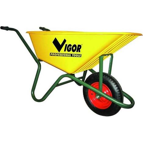 Vigor – Brouette de jardin 100L – Cuve en polypropylène – Roue pneumatique 350x80mm – Structure en fer peint pour durabilité - 100-Jaune