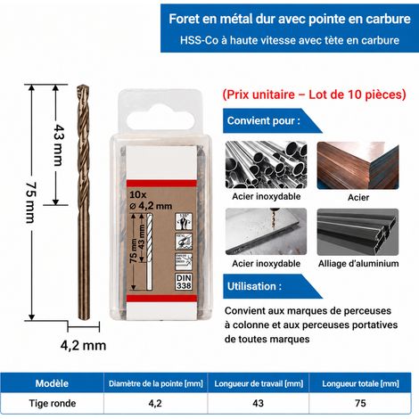 Foret hélicoïdal HSS-Co cobalt queue droite métaux 4.2mm 12 34 4.2 1 × 1 × 1 cm 1 g – Livraison gratuite