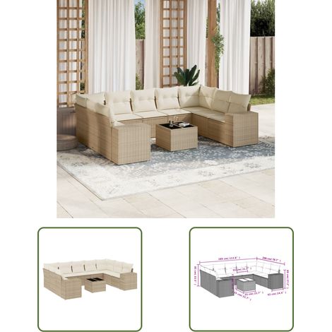 The Living Store 10-tlg. Garten-Sofagarnitur mit Kissen Beige Poly Rattan - Gartenmöbel Set - PE-Rattan Möbel - Outdoor Lounge - Esstisch Set - Gartenlounge (1/3)