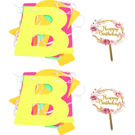 2 Set Birthday Banner Decoration Letter Card Flower Acrylic Cake Inserting Party Supplies (1/5)