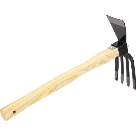 Outil de jardinage manuel : houe, râteau, en acier au carbone avec manche en bois, pour désherber, récolter, creuser et planter. (1/5)