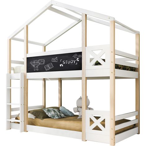 Lit mezzanine enfant 90 x 200 cm avec 2 sommiers, toiture maison, tableau, échelle sécurisée et garde-corps, bois de pin et MDF, blanc CHICFURN (1/5)