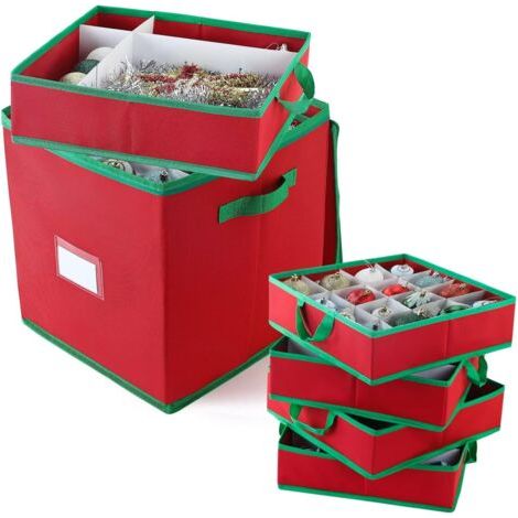 Aufbewahrungsbox für Weihnachtskugeln mit verstellbaren Trennwänden, aus Vliesstoff, mit würfelförmigem Deckel, geeignet für festliche Dekorationsaccessoires (33x33x33cm) (1/5)