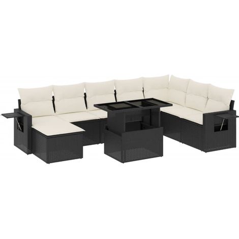 Salon de jardin 8 pcs avec coussins noir résine tressée (1/5)