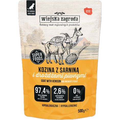 Wiejska Zagroda Nassfutter für Hunde 500g Beutel - Ziege mit Wildfleisch und Bierhefe 500g
