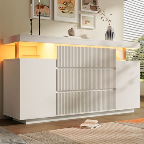 Credenza moderna a LED, bianca, cassettiera 150x40x78 cm con 6 cassetti e 2 ante, design sospeso, mobile per soggiorno, mobile per ingresso con frontali scanalati (1/5)