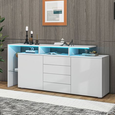 Commode tiroirs buffet LED mobilier salon blanc brillant meuble debout meuble TV panneau haut salle à manger