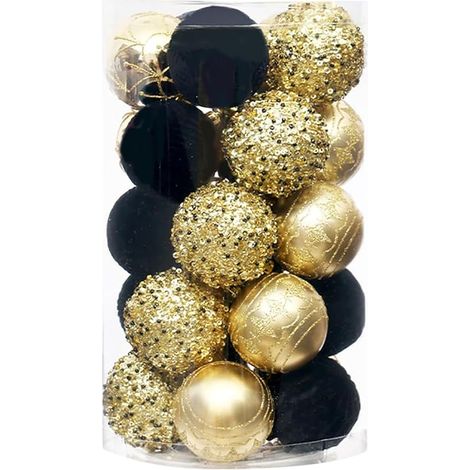 25pcs Boule de Noël 6cm, Boules de Noël étincelants et Colorées, Boule de Noël Noir et Doré, Suspendues Ornements de Boule pour Noël Mariage Anniversaire Maison Fête Décoration (1/5)