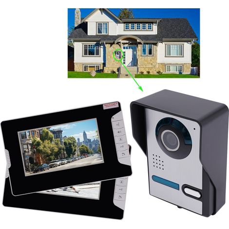 Interphone vidéo avec sonnette, interphone avec 7 pouces, 2 moniteurs, 1 caméra pour maison individuelle, vision nocturne par caméra couleur IR TFT-LCD, fonction de commande de verrouillage électrique (1/5)