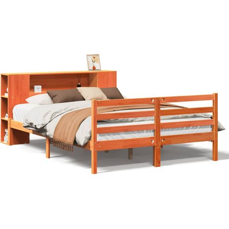Lit Double,Lit Adulte,Lit bibliothèque sans matelas cire marron 150x200 cm pin massif CFW622770 (1/5)