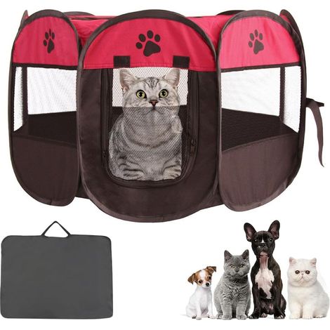 Parc pour Chiot Pliable en Tissu Oxford Imperméable avec Sac de Rangement pour Chien, Chat, Lapin, Cochon, Rouge (74x74x43cm)