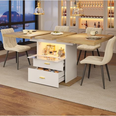 Table à manger extensible 110-140x80x75 cm blanc en MDF avec éclairage LED et rangement (1/5)