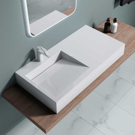 Bathroom Cloakroom 1000×500mm Stone Resin Bathroom Basin With Side Hand Shelf - Wall Hung Or Countertop Rectangular Sink - No Waste Required - Durovin Bathrooms