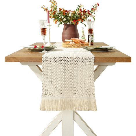 Sollbry Camino de mesa bohemio, beige, macramé, rectangular, encaje de ganchillo, malla, estilo rústico, 35 x 160 cm