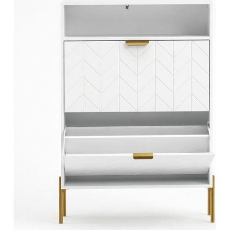 Mueble zapatero estrecho blanco con 2 compartimentos abatibles y nicho abierto HOMVRA (1/4)