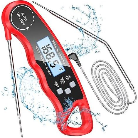 (Rouge) Thermomètre de cuisine, thermomètre de cuisson à lecture instantanée avec sonde pliable de 102 cm, rétroéclairage et aimant, la viande, les grillades, le steak, l'huile, le lait, le vin (1/5)