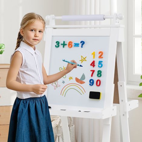 Chevalet Pliable Double Face 3 en 1 avec Tableau Noir et Tableau Blanc Magnétique Rouleau de Papier Remplaçable 3 Gobelets pour 3+ Ans Blanc (1/2)