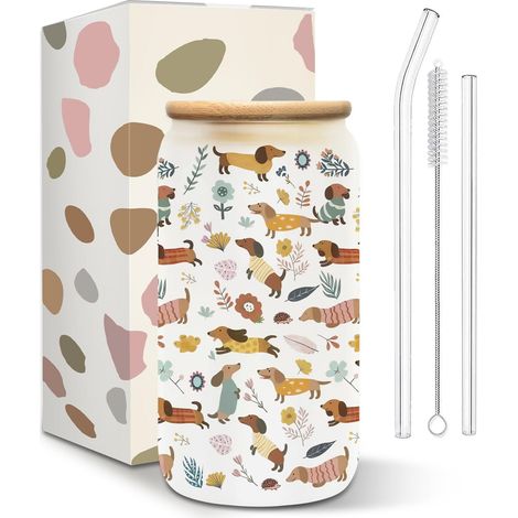Tasse teckel, tasses à teckel inhabituelles, gobelet en verre avec couvercle, verre polyvalent, avec paille, cadeau teckel pour femmes 16 oz (1/5)