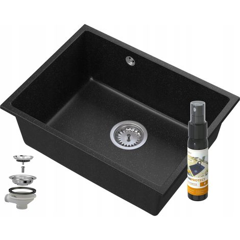 Évier de cuisine en granit Manado 53.5 × 40 cm sous plan noir avec distributeur et siphon (1/5)
