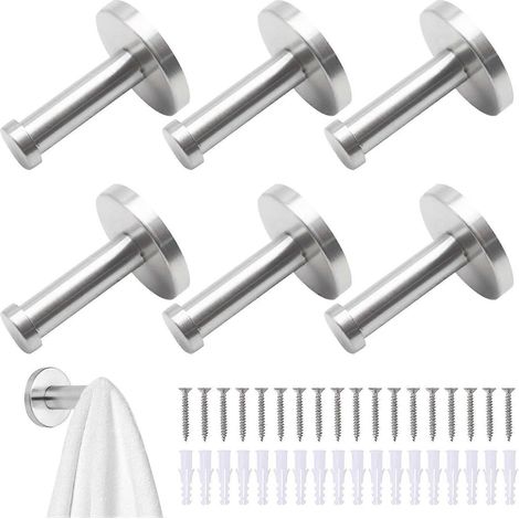Lot de 6 crochets pour peignoir, crochet pour serviette de salle de bain, crochet à vis pour manteau, crochet pour peignoir en acier inoxydable brossé, robuste (1/5)