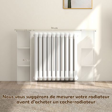Cache-radiateur avec étagères, design à lattes en bois MDF et panneaux de particules, blanc, 124x19x83cm, rangement optimisé (1/5)