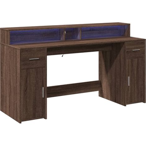 Bureau table poste de travail meuble d'ordinateur informatique étude et lumières LED chêne bois d'ingénierie brun (1/5)