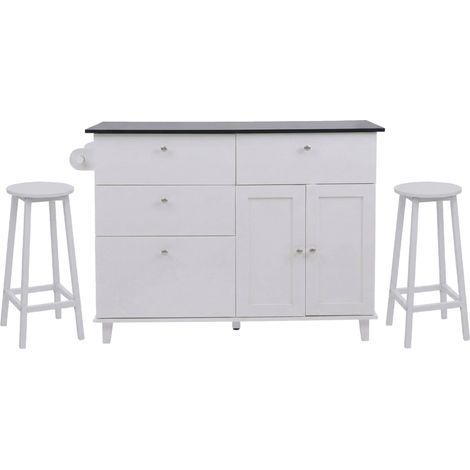 Îlot de cuisine HWC-P62 avec 2 tabourets, armoire de cuisine, tiroir, compartiments de rangement, MDF 90 x 131 x 47 cm- (1/5)