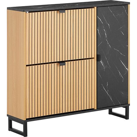 SoBuy Schuhschrank schmal für Eingang – Schrank mit 2 Klappen und seitlicher Tür Schuhregal – Kompaktes skandinavisches Design Schwarz Hell Holz 90x24x88cm – FSR203-N