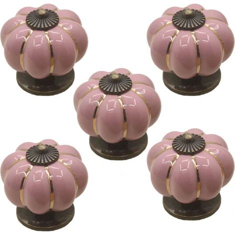 Set mit 5 farbenfrohen Halloween-Kürbis-Schrankknöpfen aus Keramik (40 x 40 mm Durchmesser x Höhe), Schubladengriffen, Möbelgriffen und Küchenschrankgriffen im Vintage-Kupfer-Stil mit Schrauben (Rosa) (1/5)