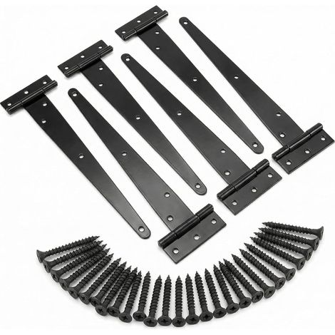 6Pcs Charnières en T, Charniere Porte, Charnières de Portail pour Portails en Bois, 25Cm, avec Vis, Noir (1/5)