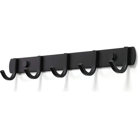 Porte-manteau mural noir mat Piao, barre à vêtements avec 5 crochets, support de rail, patère en métal pour couloir, entrée, dressing, fixation murale robuste