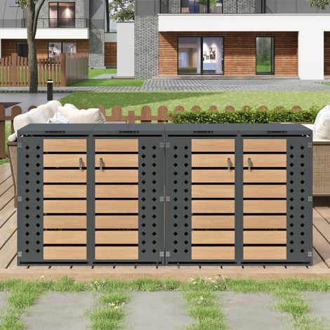 Mülltonnenbox 4er mit hydraulischem Klappdeckel und Schloss, aus verzinktem Stahl, modernes Design, Grau und Holzoptik