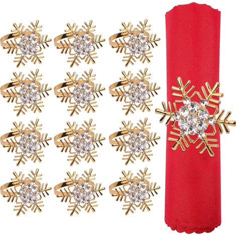 Lot de 12 ronds de serviette de Noël dorés en forme de flocon de neige avec strass pour dîners de Noël, décoration de table, décoration de mariage (1/5)