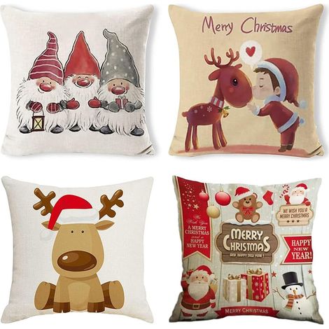 MINKUROW 4 Pezzi Fodere Per Cuscini Di Natale Santa Elk Lino Cotone Federa Per La Casa Divano Letto Decorativo Natale 45x45 Cm (45x45 Cm Babbo Natale) (1/5)