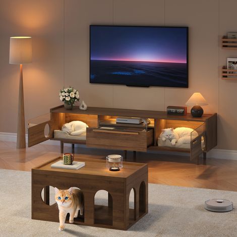 Meuble TV bas en bois 180x40x50 cm avec éclairage LED et espace chat  et 2 portes verre et 1 tiroir et poignées de support Noyer