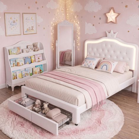 Lit 140x200 cm - LED - tissu en PU - lit enfant 140x200 cm - cadre de lit 140x200 cm - Blanc (1/5)