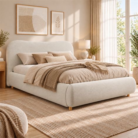 Lit coffre rembourré 180x200 cm, sommier à lattes, rangement hydraulique, tête de lit bouclé, pieds bois massif - Blanc (Sans matelas) (1/5)