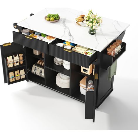 Îlot de Cuisine à Roulettes Noir 120cm, Chariot de Cuisine avec Plan de Travail Rabattable, Tiroirs et Porte-Épices (1/5)