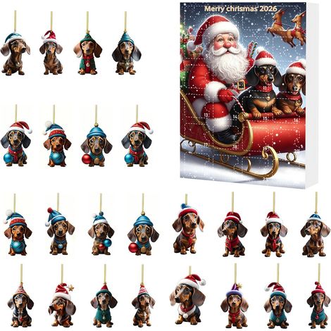 Dackel-Adventskalender 2026 – 24-teilig – braun, schwarz, mehrfarbig – Acryl – 5 cm – niedliche Dackel-Anhänger – Weihnachtskalender – Weihnachtsbaumschmuck – geeignet für Weihnachten und als Dekorati (1/5)