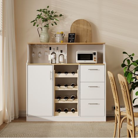 Anrichte MDF Weiß/Naturholz 120 x 40 x 121 cm mit Weinregal, Gläserhalter, Steckdose, LED, Schubladen und Fächern (1/4)