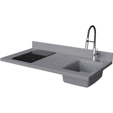 Plan de travail monobloc PlaniQuartz avec évier - 120 cm - Cromo - évier à droite - Plaque de cuisson Induction