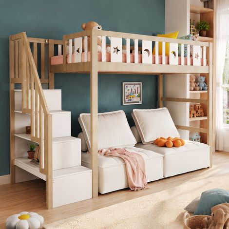 Letto a soppalco per bambini 90x200 cm bianco e legno – scala con contenitore, senza materasso (1/5)