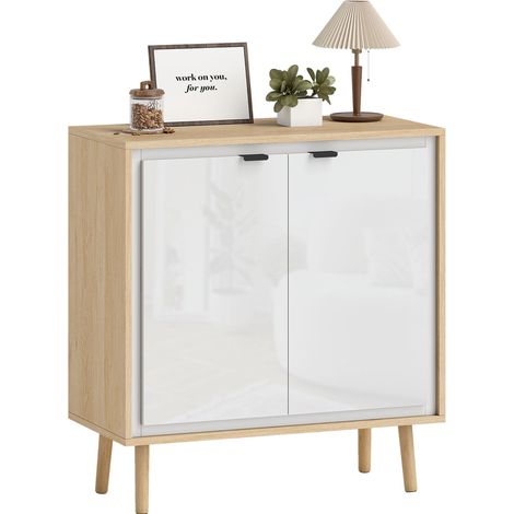 Buffet moderne à 2 portes avec étagère réglable, 72 x 35 x 77 cm, blanc brillant et chêne (1/5)