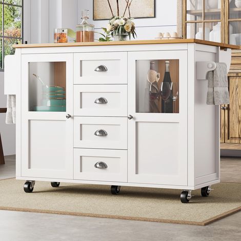 Îlot de cuisine, meuble de rangement, buffet, 120 x 73 (45) x 93 cm, desserte de cuisine extensible à roulettes, porte-serviettes, étagère à épices, étagères réglables, deux portes, quatre tiroirs, bl (1/5)