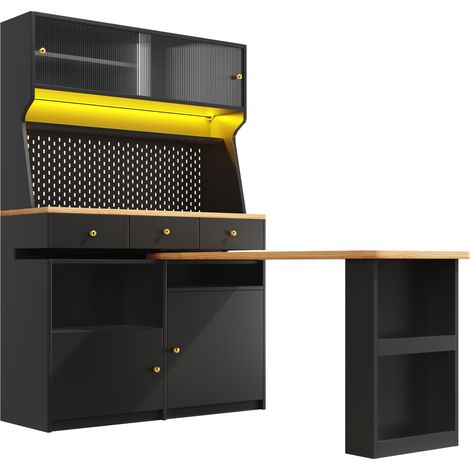 Credenza alta multifunzione con scrivania e banco bar, LED, vetri e ripiani regolabili, nera (1/5)