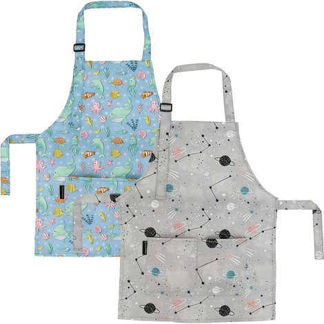 2 Pieces Kids Apron with Adjustable Strap, Cute Kids Apron with 2 Pockets, Painting Aprons Gardener Pottery Cooking for Girls Boys Blue + Grey (1/5)